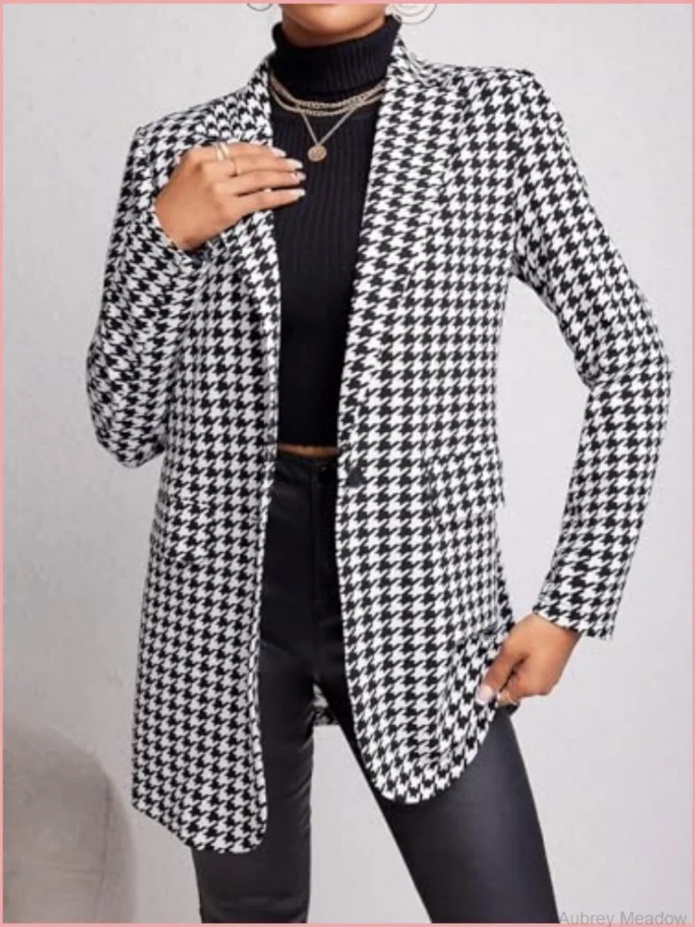 Houndstooth Print Lapel Single Button Blazer Long Sleeve